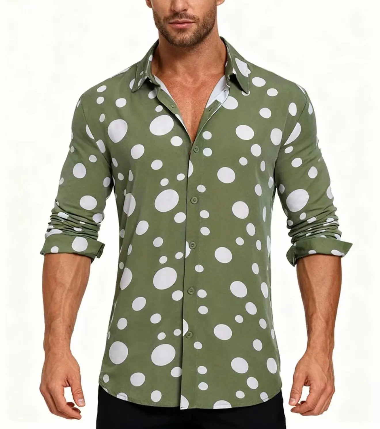 Long-sleeved polka dot shirt in military green with white dots, fitted cut for men