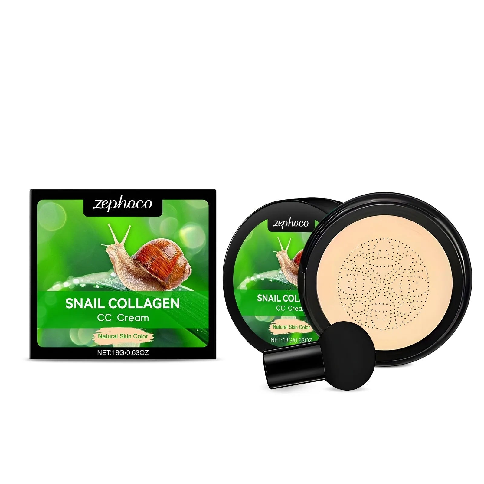 18g tube of ZEPHOCO CC cream foundation with snail filtrate and a mushroom powder puff
