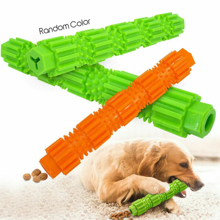 Green and orange natural rubber dog chew toy with treat-dispensing hole for aggressive chewers.