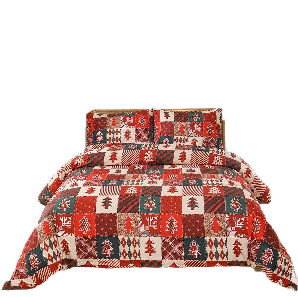 Christmas red plaid pattern three-piece bedding set with quilt cover and pillowcases on bed