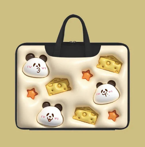 PU leather inflatable laptop bag with cartoon design, shown hanging from a suitcase handle.