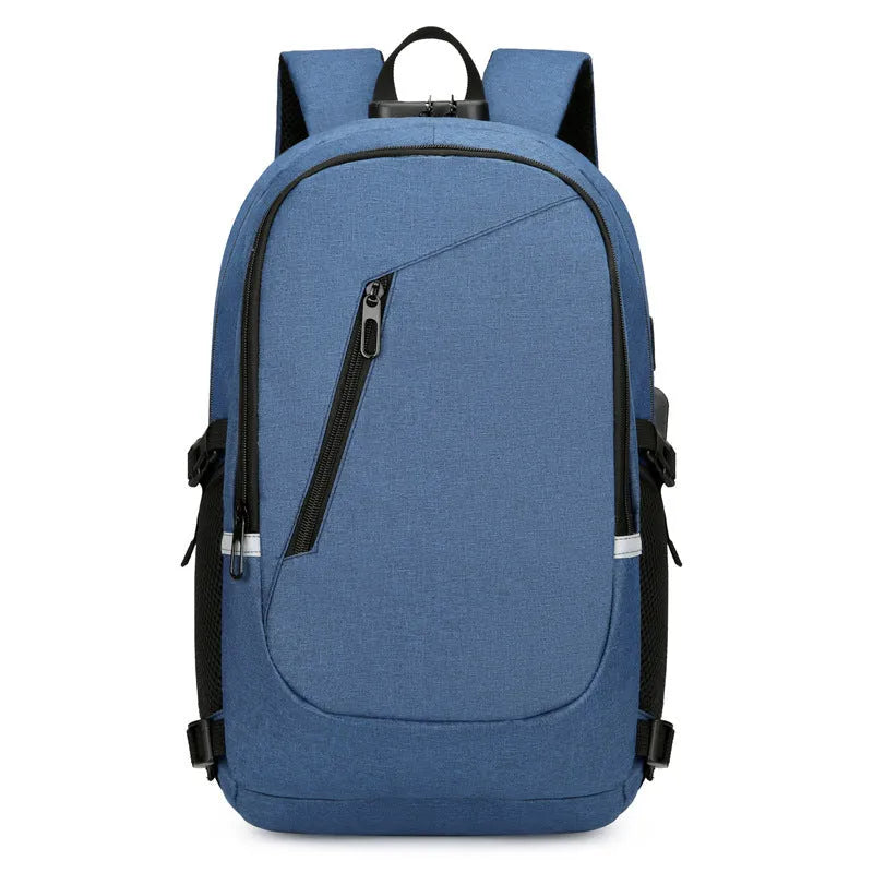 Grey Oxford cloth computer backpack with 35 litre capacity showing front compartment and shoulder straps
