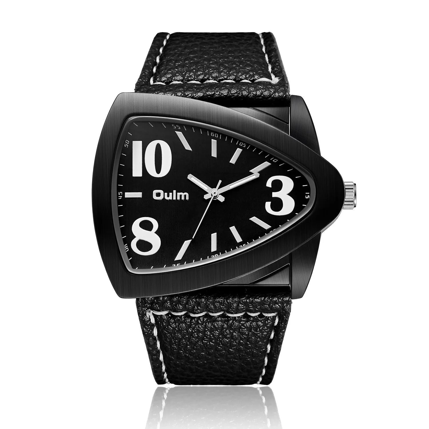 Men's triangular quartz watch with leather-style strap in brown colour showing 9mm case thickness