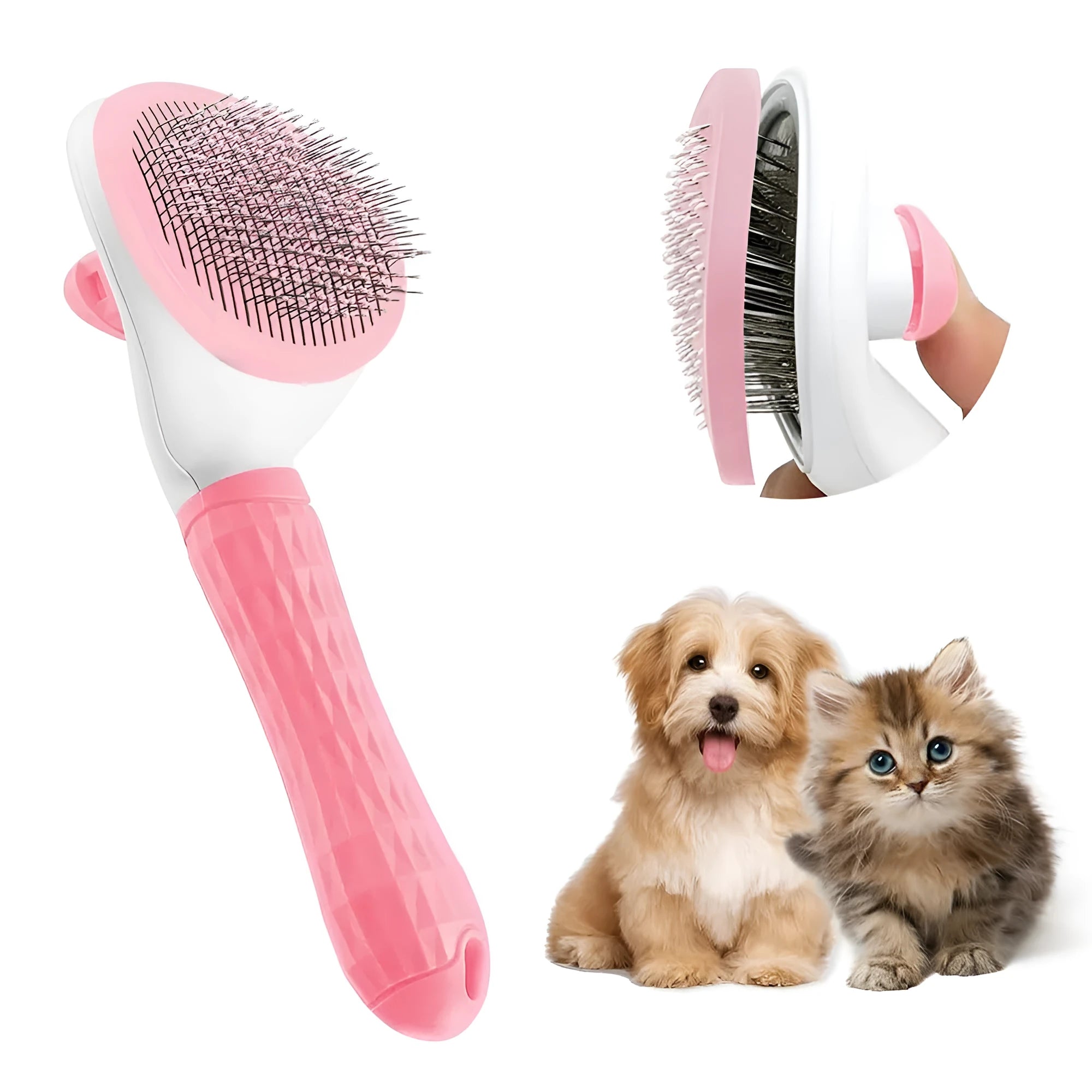 Blue cat grooming brush with release button for removing loose fur and tangles
