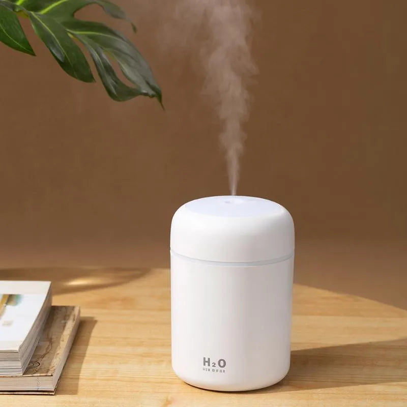 Pink USB portable humidifier with 300ml water tank on wooden desk surface