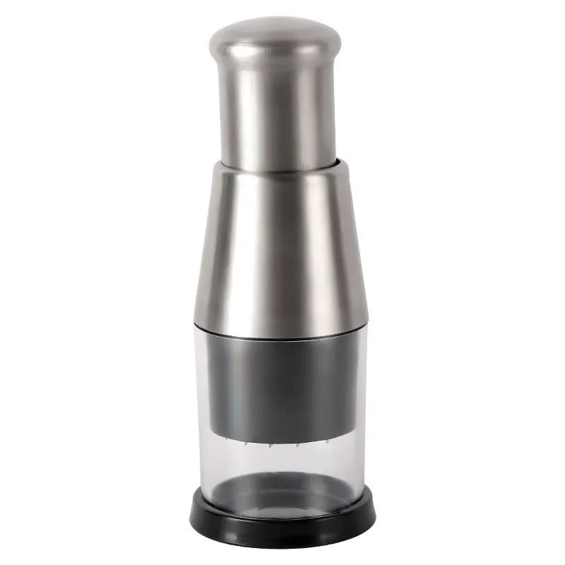 Black manual garlic crusher onion chopper with stainless steel blades on a kitchen counter