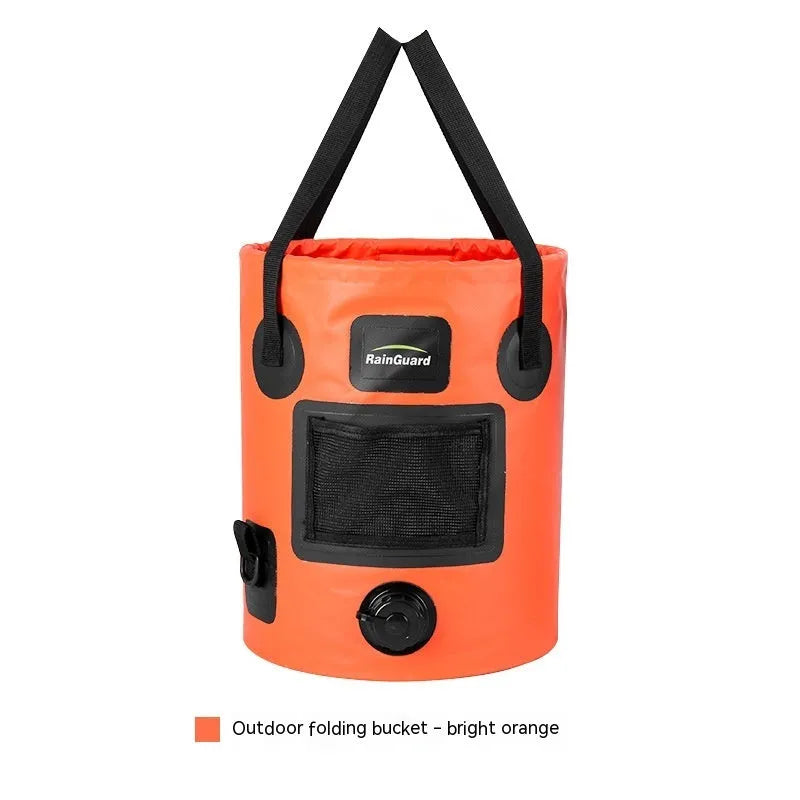 Plastic folding fishing bucket showing collapsible design and colour options with optional net pocket