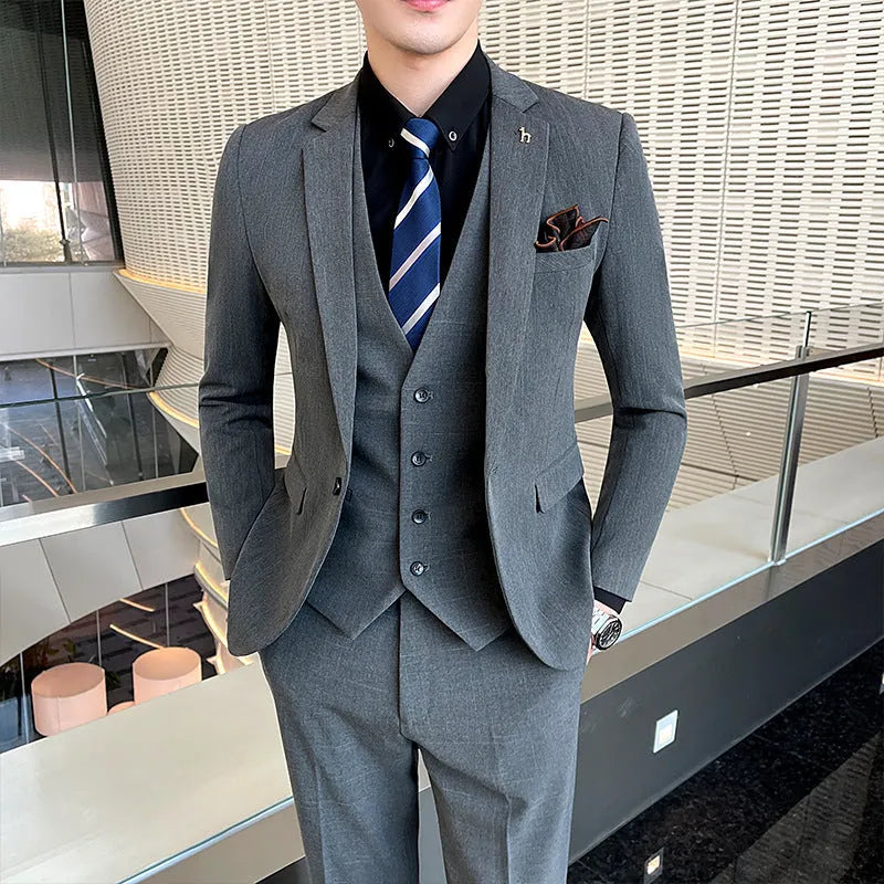 Men's slim fit business formal suit set in black or dark grey cotton blend fabric