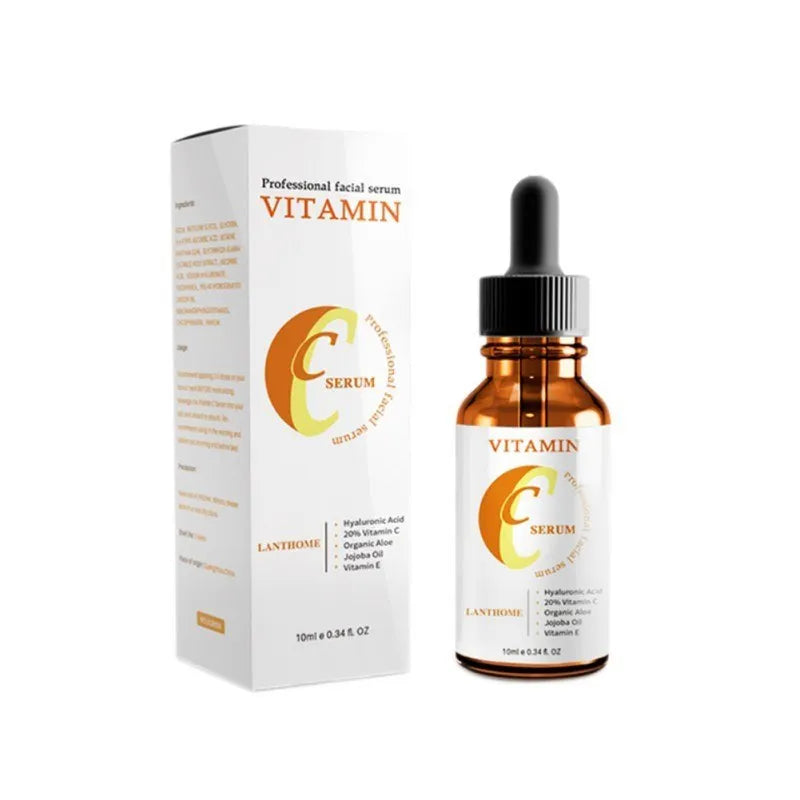 Bottle of Vitamin C and Hyaluronic Acid facial serum for anti-aging and skin brightening.