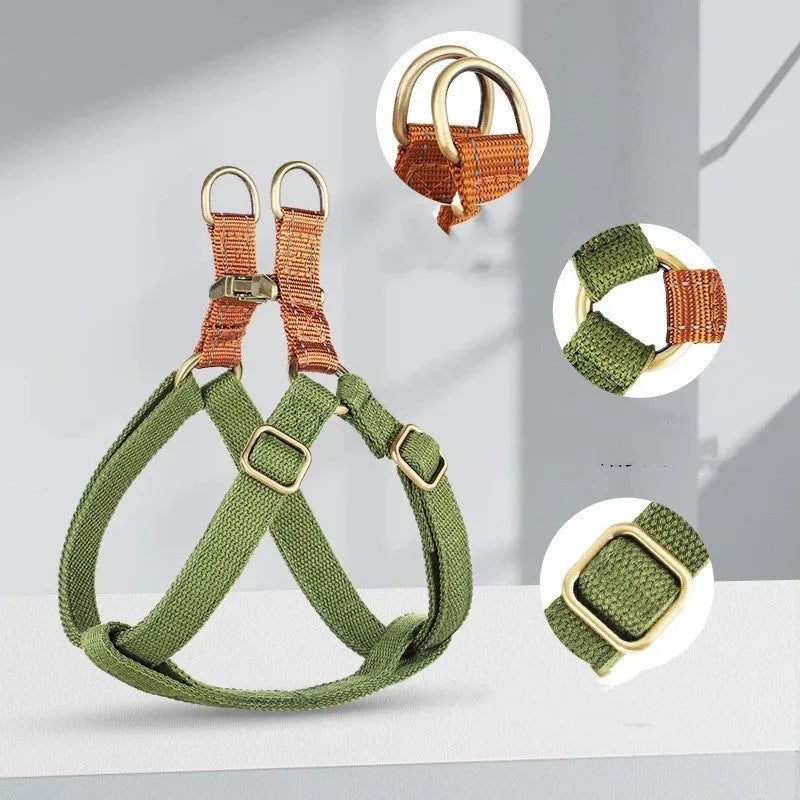 Brown vest-style dog lead with cotton and nylon construction and alloy fastener