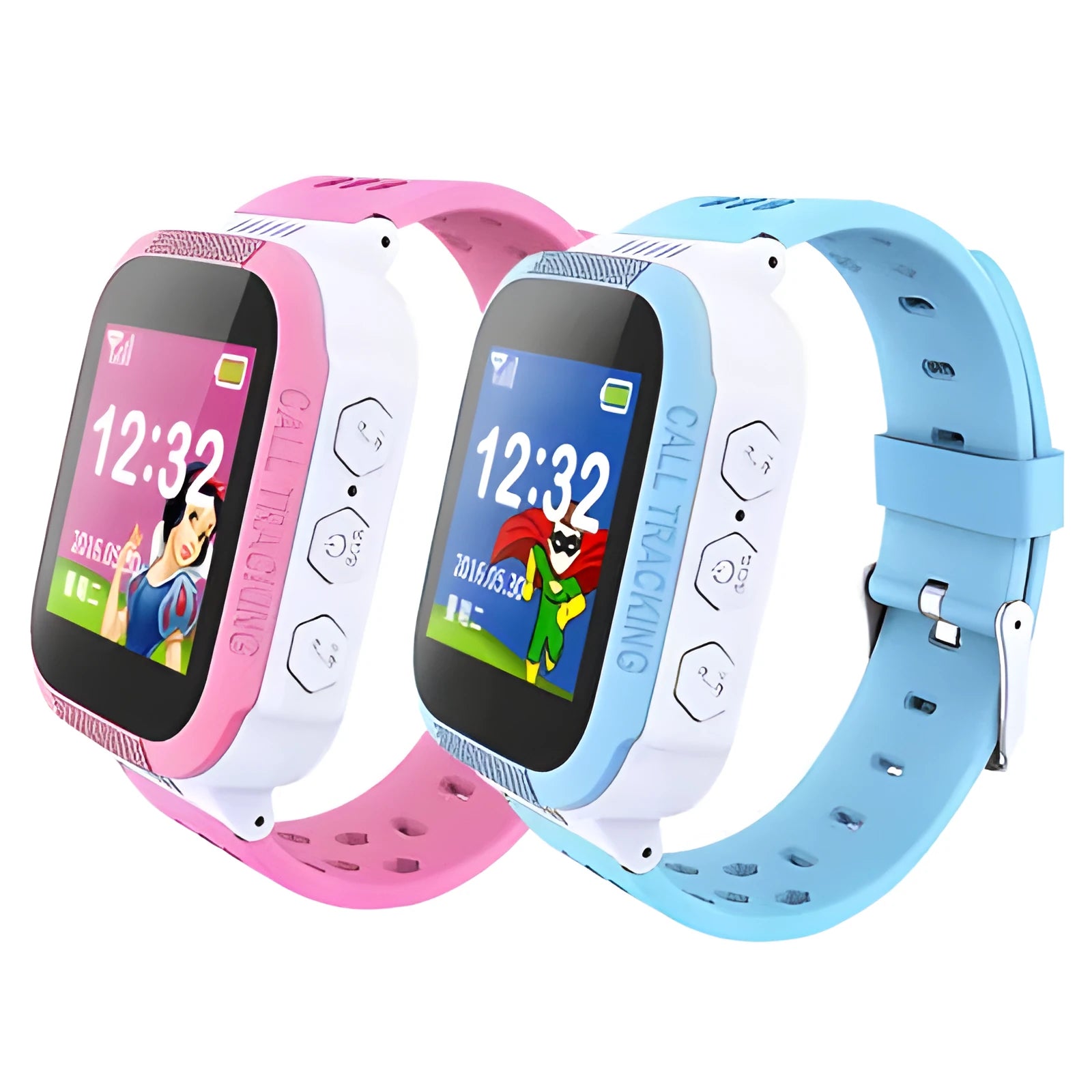 Blue children's phone watch with 1.44-inch IPS screen showing dual language interface options