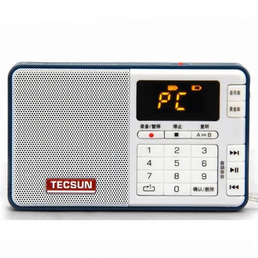 Tecsun Q3 digital audio player in choice of colours showing compact design with speaker and buttons.