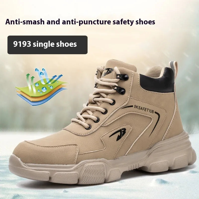 Brown leather anti-smash lightweight safety work shoes with a rubber sole on a grey background