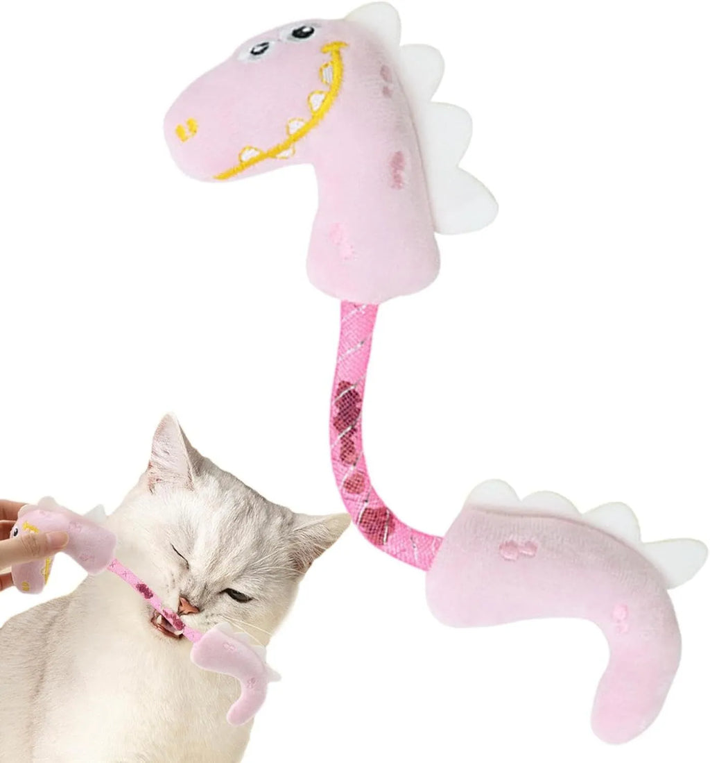 Four cat toys including rope, springs, and plush kicker toys in assorted colours