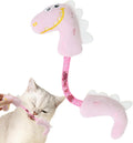 Four cat toys including rope, springs, and plush kicker toys in assorted colours