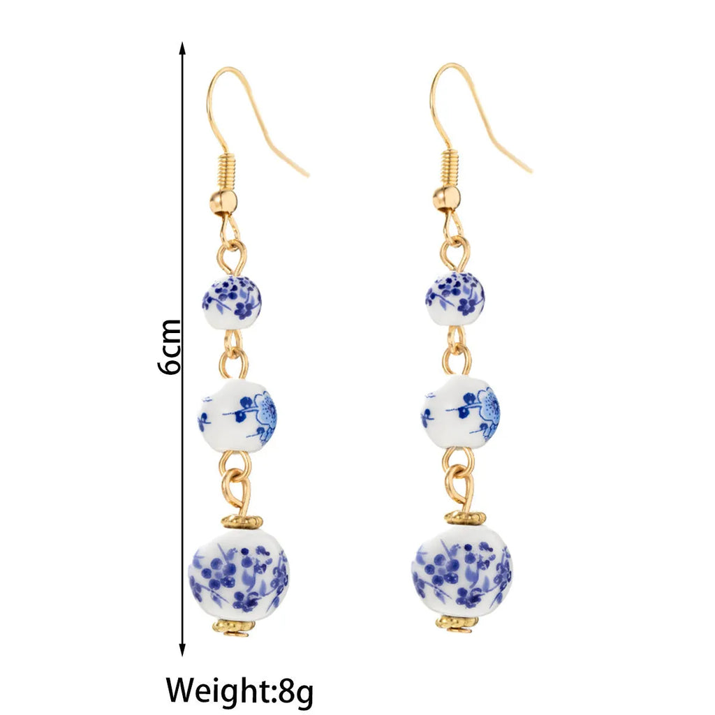 Blue and white porcelain ceramic bead geometric retro earrings with alloy construction