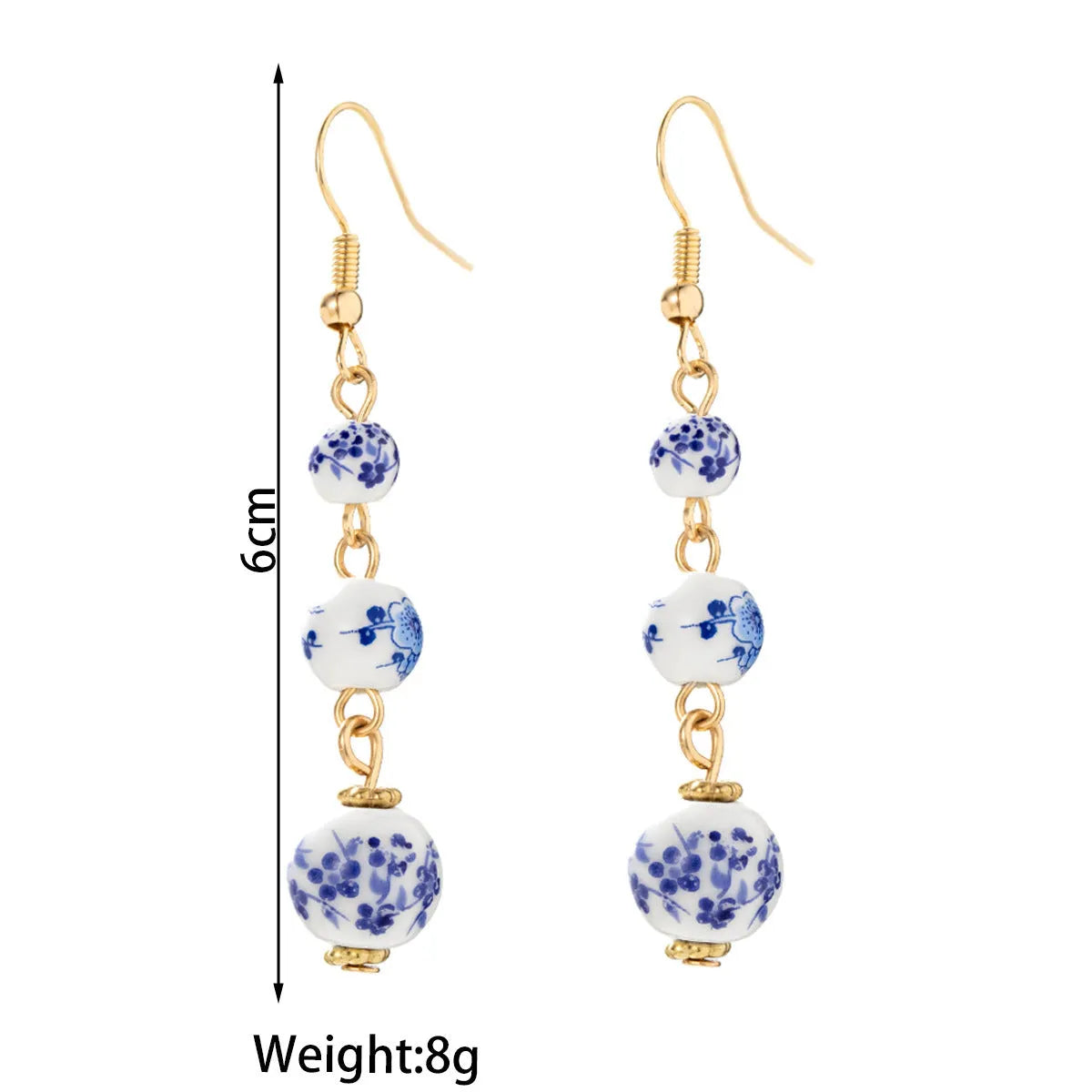 Blue and white porcelain ceramic bead geometric retro earrings with alloy construction