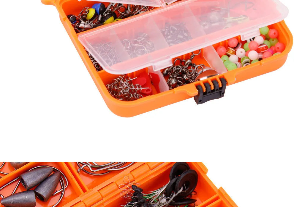 257-piece fishing lure accessories set in orange or black ABS storage box