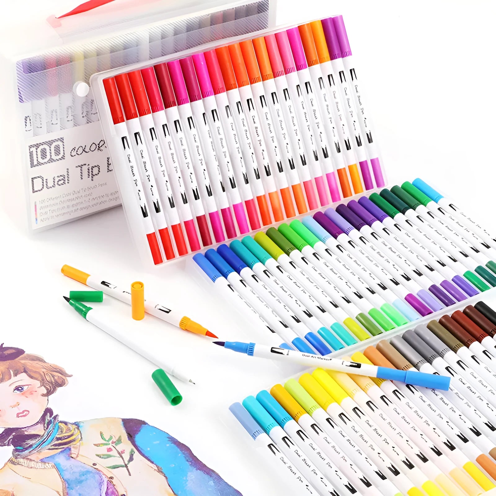 Watercolour pen sets in plastic cases showing 48, 60, 72, and 100 colour options for artists