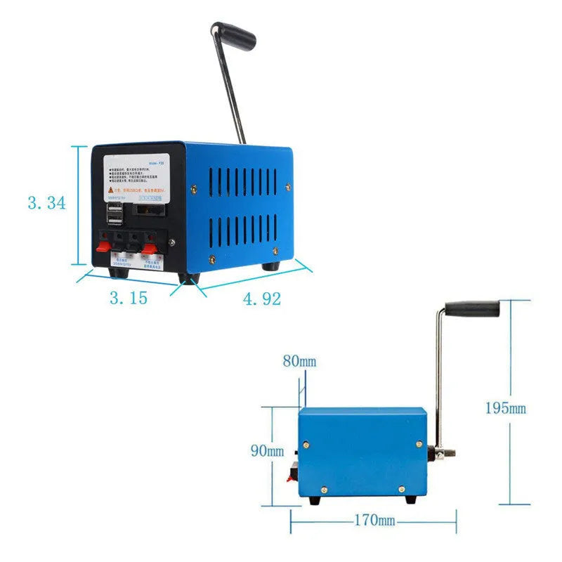 Blue metal hand crank USB power generator with anti-slip pads, dimensions 125mm x 80mm x 85mm.