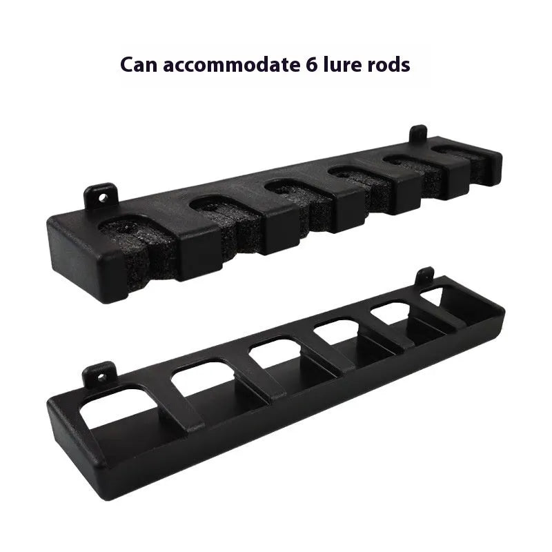 Black wall-mounted fishing rod storage rack in ABS plastic with vertical and horizontal mounting options