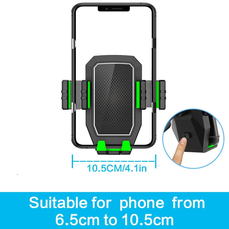 Green car dashboard drink rack with separate mobile phone holder mounted on windscreen.