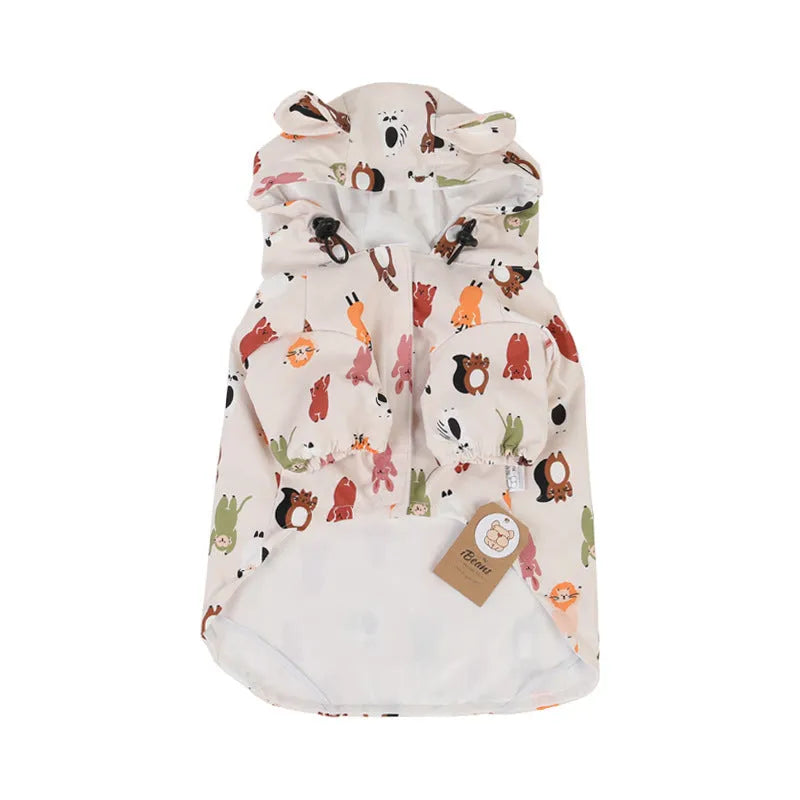 Beige cartoon dog raincoat with waterproof coating in small animal or cat head design