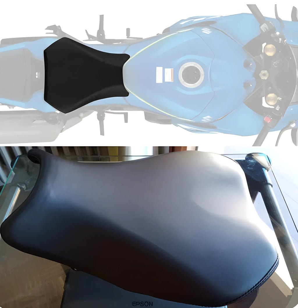Suzuki GSXR1000 motorcycle seat cover set in PU leather, size L, showing front and rear coverage option