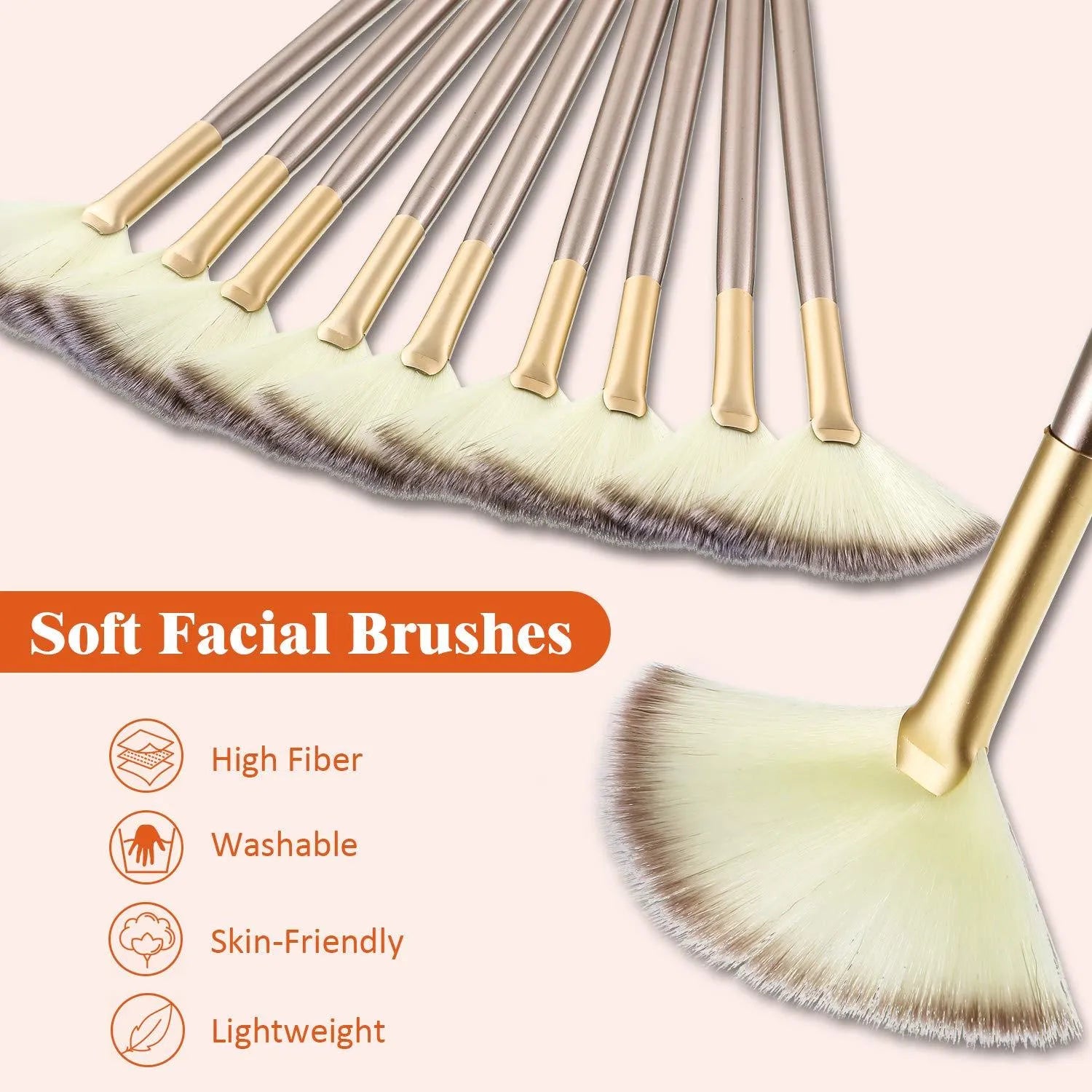 Ten champagne-finished acrylic handle facial fan brushes with protective covers