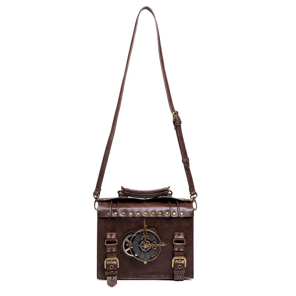 Bronze steampunk industrial retro style square shoulder bag with metal details.