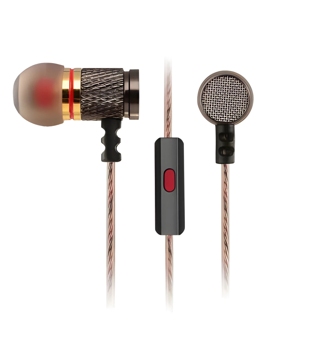 Brown in-ear headphones with metal subwoofer housing and L-bend 3.5mm plug on white background