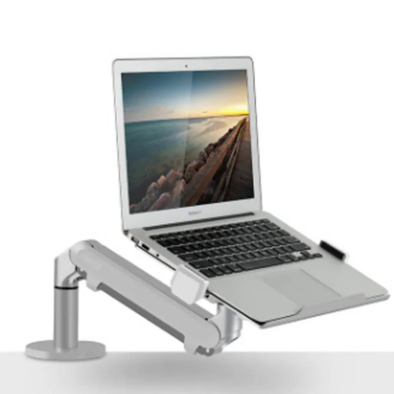 Silver aluminium hover notebook stand with adjustable air pressure arm for laptop support