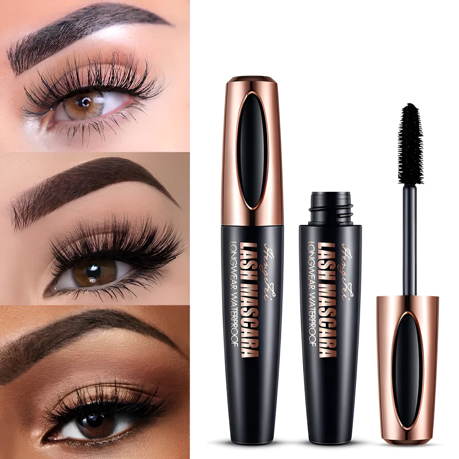 Black waterproof and sweat-proof mascara tube for thick, long curling eyelashes.