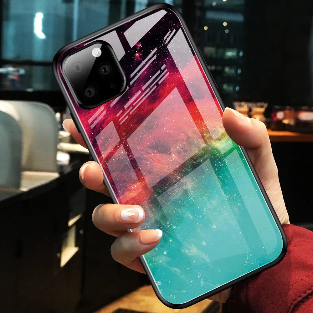 Gradient glass phone case in black and blue for iPhone XS Max showing slim 1.5mm profile and TPU bumper