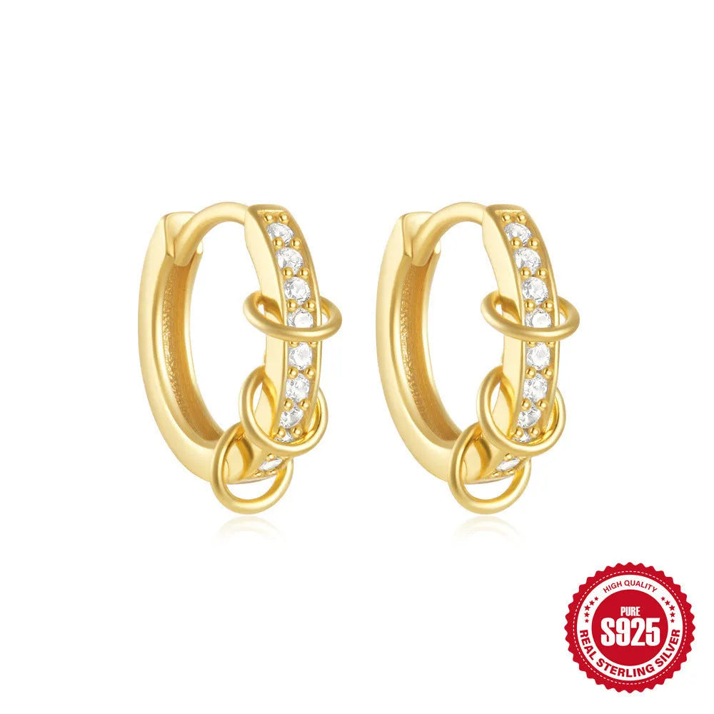 Sterling silver geometric stud earrings with diamond detailing in gold or silver finish