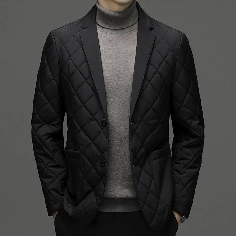 Men's thick lapel-style down jacket in a solid colour with side seam pockets.