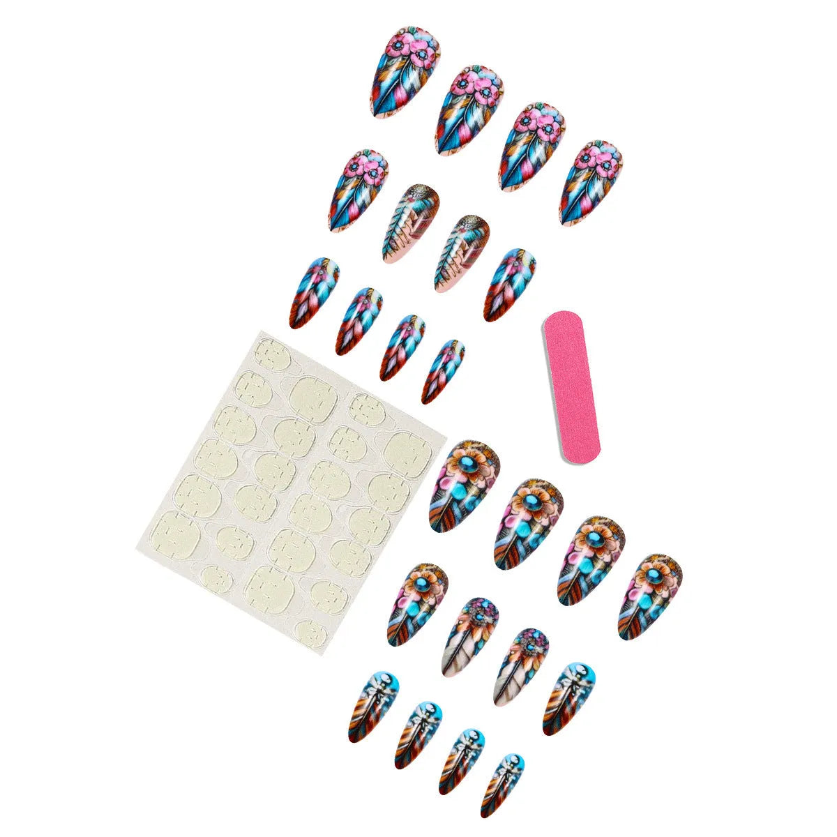 European and American retro colour feather nail armour kit with patterned designs and jelly glue burnishing sticks