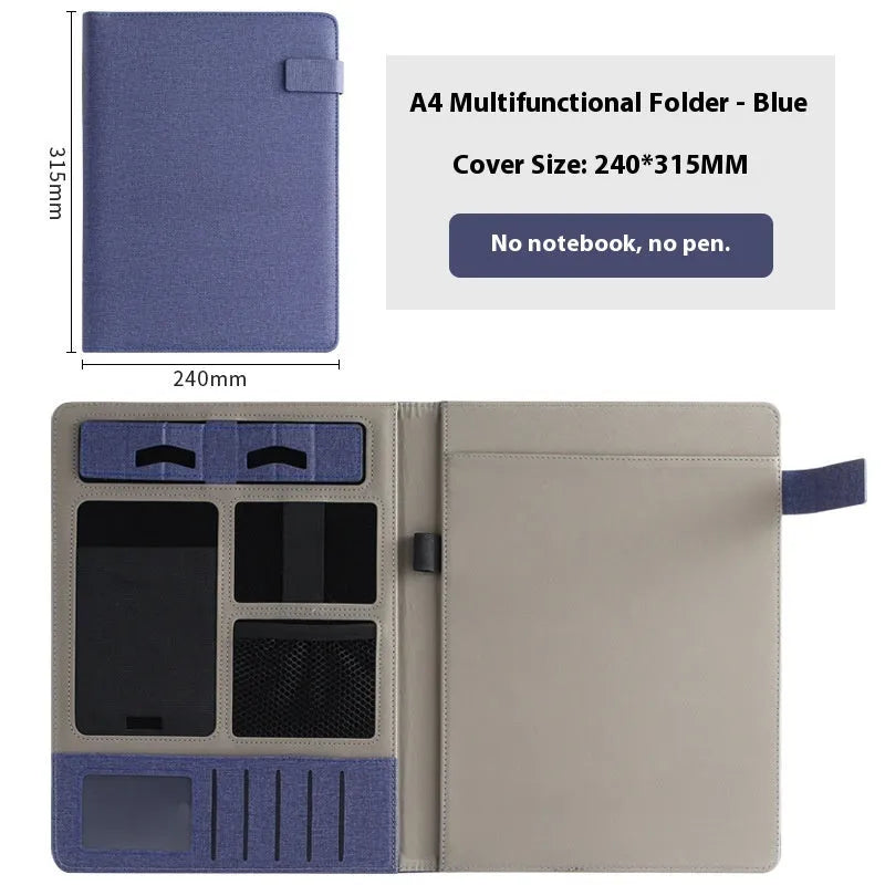 Leather A4 business folder in black colour showing pen holder and notepad configuration