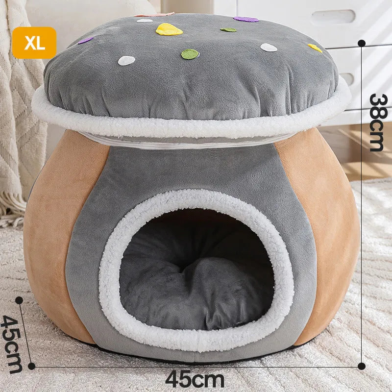 Grey mushroom-shaped cat nest bed with a detachable plush blanket for indoor cats.