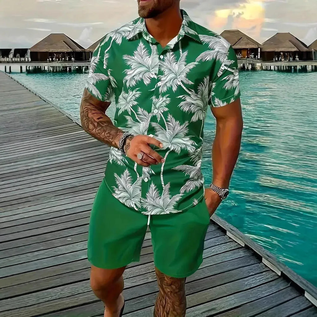 Men's 3D printed Hawaiian shirt and shorts co-ord set in a casual style.