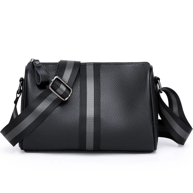 Black genuine leather one-shoulder crossbody bag showing front and side view.