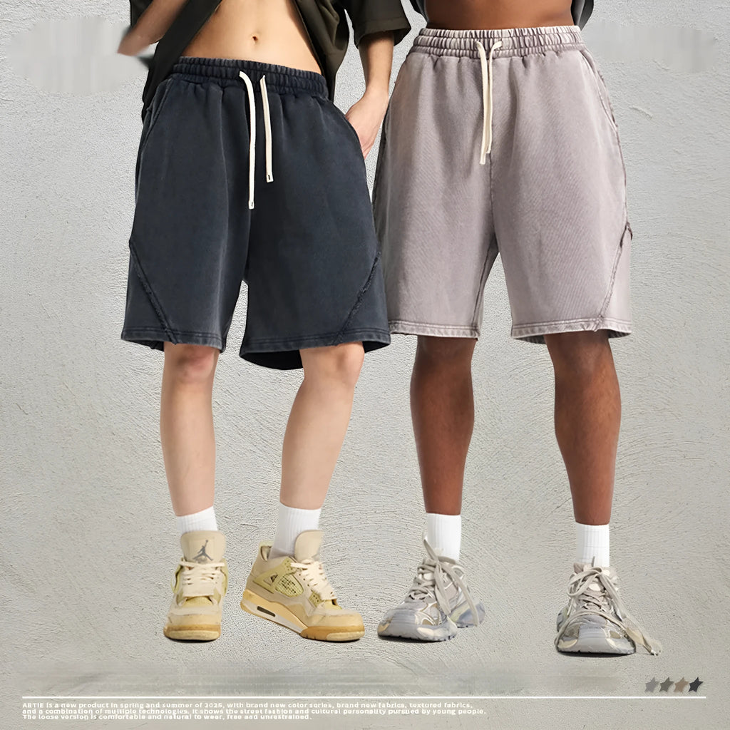 Men's batik washed cotton terry shorts in loose retro style with patchcraft colour effects