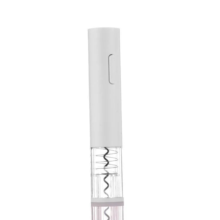 Automatic electric wine bottle opener with foil cutter in black, showing compact design and button operation