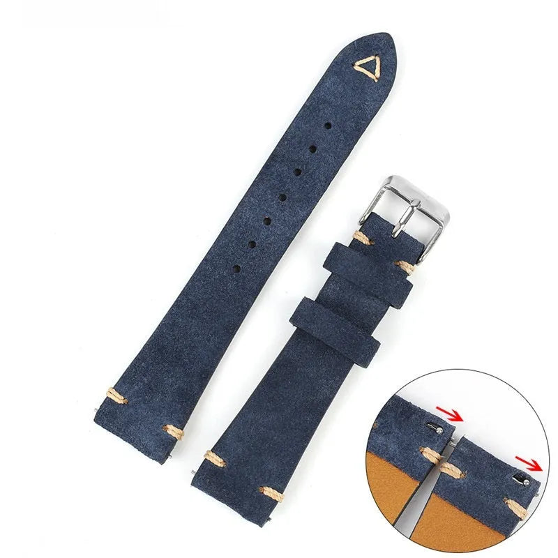 Genuine suede leather watch strap in brown, blue, gray, and Army Green colours showing 20mm and 22mm width options