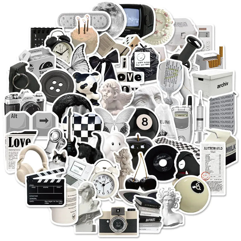 61 black and white simple design PVC waterproof stickers for laptops and phones.