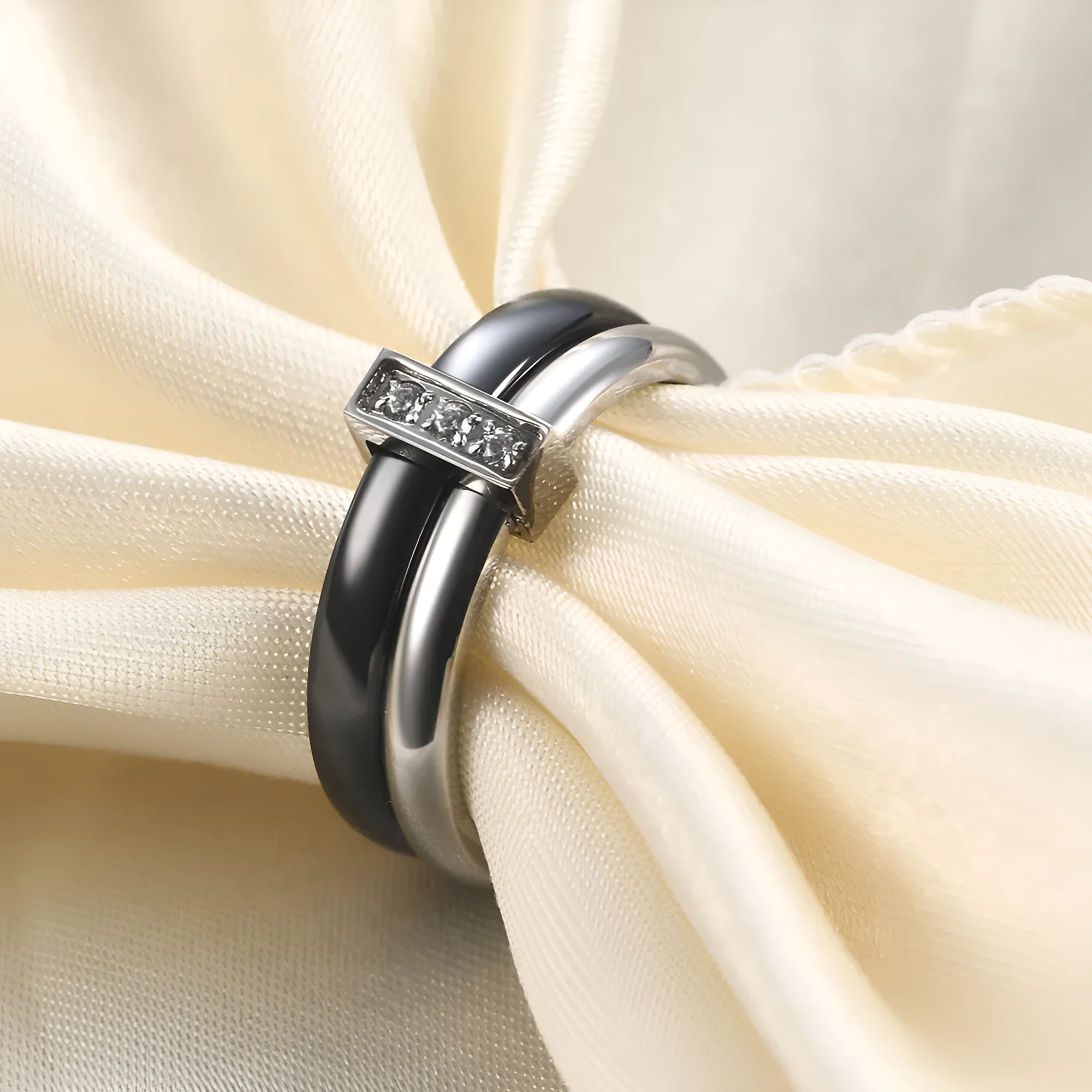 Women's ceramic geometric ring with zirconium inlay and glossy stitching in steel black finish