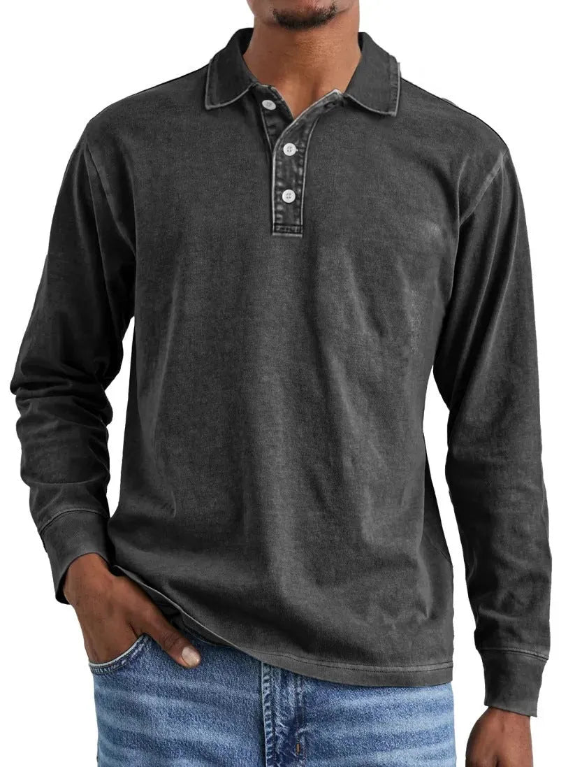Men's retro washed distressed cotton lapel long sleeve polo shirt shown in army green.