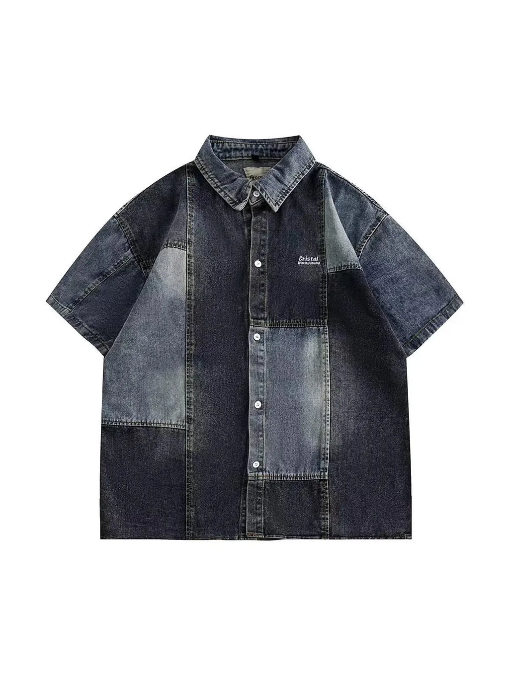 Blue Japanese-style denim shirt with retro washed stitching and loose fit cardigan design for men