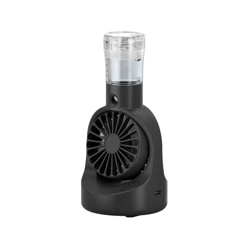 Portable handheld spray fan with transparent water tank and four-speed mist function in black colour
