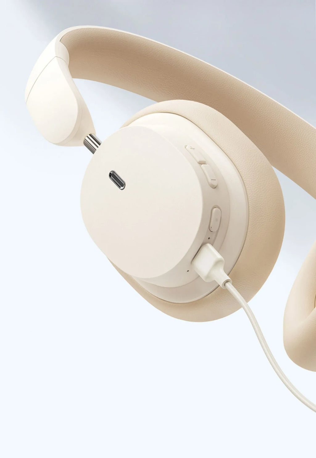Beige wireless Bluetooth headphones over-ear head mounted with Type-C charging